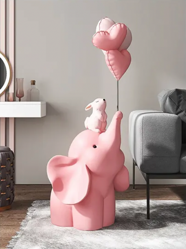 Elephant Holding Balloons With Rabbit Resin Statue - Pink